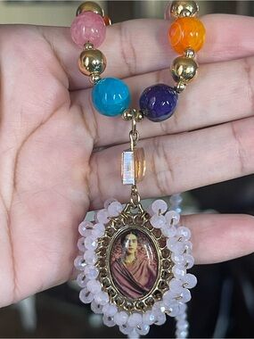 Frida Khalo Rose Quartz Beaded Pendant Necklace with Multicolor Accent Beads